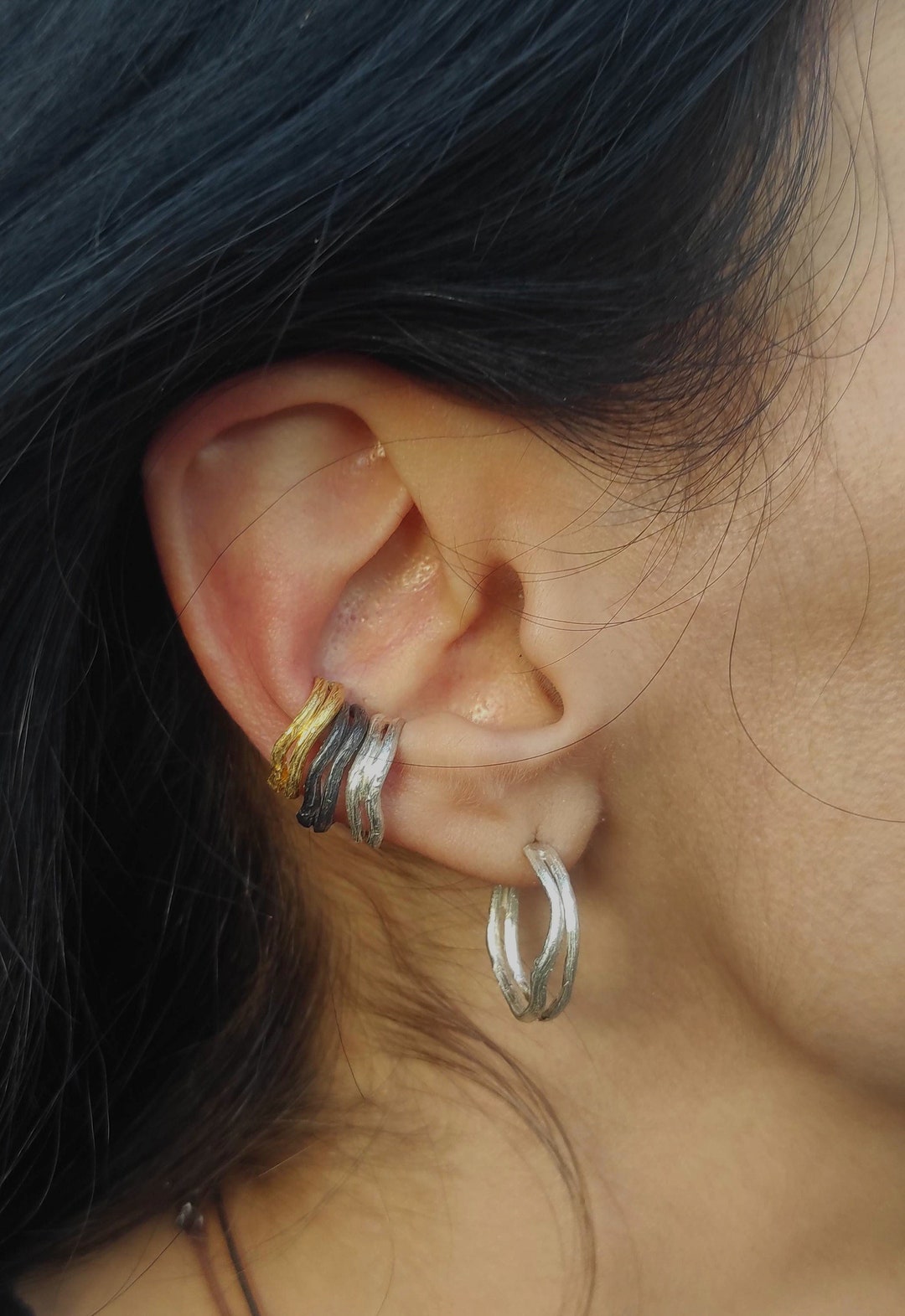 ★SENTIMENTS★ NO.618 [SILVER] EARCUFF Textured Silver Ear Cuff Flat Oxidized Silver Ear Cuff