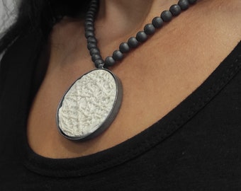 White Concrete Disc Pendant,Oxidized 925 Silver Pendant On Hematite Stone,Irregular Round White Concrete Pendant,Geometric Necklace,C4.