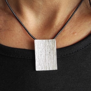 Rectangle Concave Silver Pendant,Big Wide Pendant Necklace,Silver Textured Pendant On Silk Cord Pendant,Geometric Pendant,Modern Jewelry S3. image 4