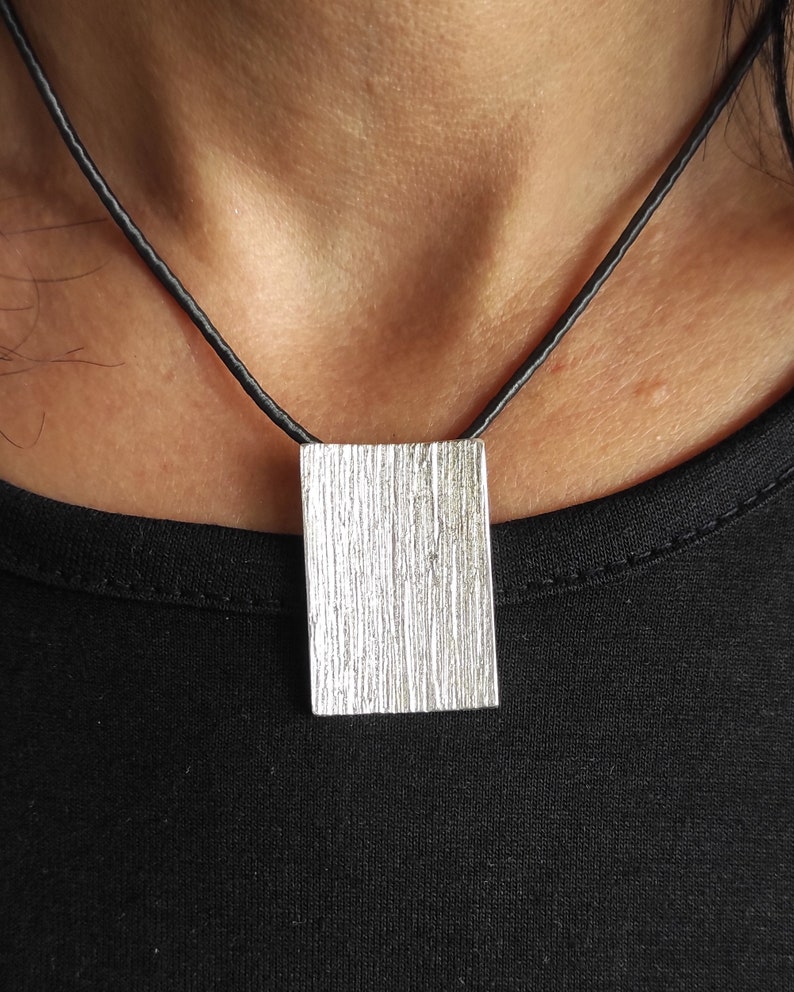 Rectangle Concave Silver Pendant,Big Wide Pendant Necklace,Silver Textured Pendant On Silk Cord Pendant,Geometric Pendant,Modern Jewelry S3. image 4