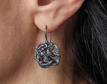 Pendientes colgantes de plata de ley oxidada, pendientes medianos, abstractos, modernos, redondos, contemporáneos, femeninos, oxidados, talla 11.