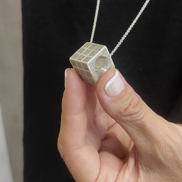 Concrete Cube Pendant Necklace Silver Industrial Pendant Cube With Inset Concrete Contemporary Jewelry Architecture Pendant Necklace C5