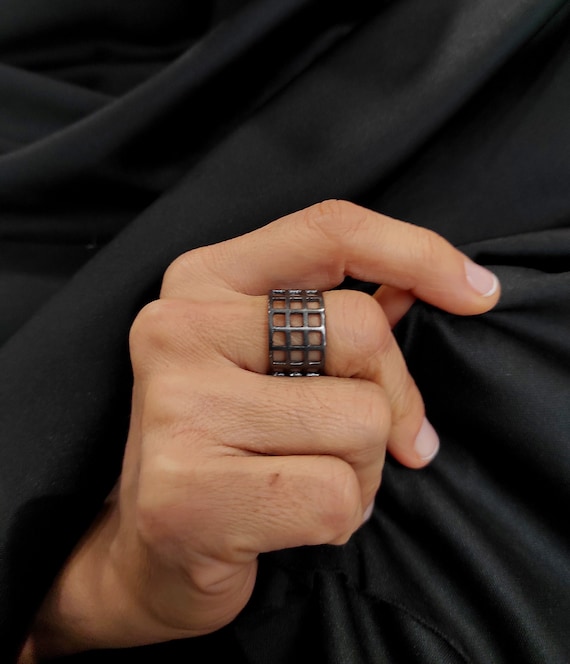 Perforated Wide Band Ring Oxidized Silver Band Ring 13 mm Wide Band Handmade Flat Silver Band Ring Thin Wide Band Ring Black jewelry S9.