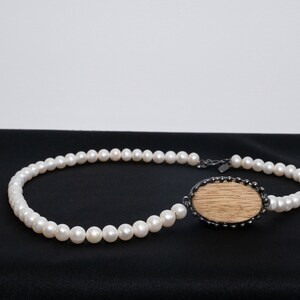 Wooden charm tied with oxidized silver on a freshwater pearl necklace, Wooden Charm, Pearl Statement Necklace. image 5