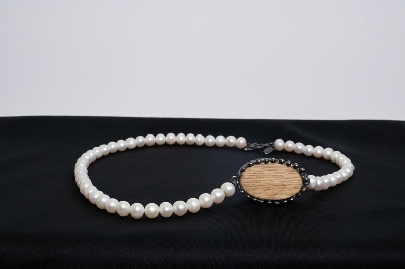 Wooden charm tied with oxidized silver on a freshwater pearl necklace, Wooden Charm, Pearl Statement Necklace. image 5