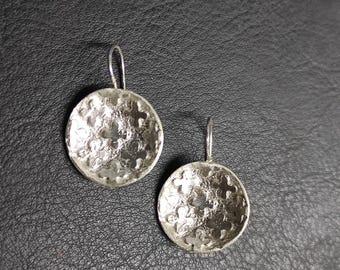 Handmade Sterling Silver Circle Dangle Earrings: Textured Artisan Jewelry