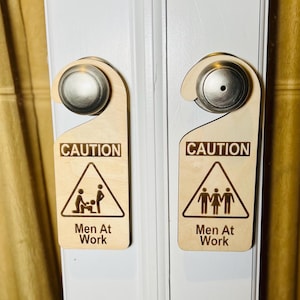 Caution Men At Work Birch Plywood Door Hanger, Swinger Decor