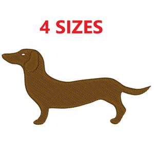 May include: Brown dachshund silhouette with 4 sizes text above it.