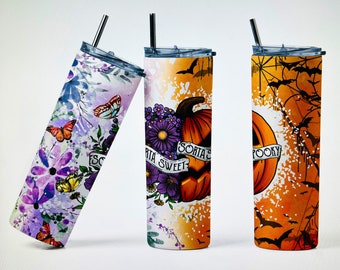 May include: Three stainless steel tumblers with different Halloween-themed designs. The first tumbler has a purple and white watercolor design with butterflies and the text "Sorta Sweet". The second tumbler has a white and orange design with a pumpkin and the text "Sorta Sweet". The third tumbler has an orange and black design with a pumpkin and the text "Spooky".