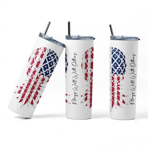 May include: Three stainless steel tumblers with a white background and a pineapple design. The pineapple is made up of the American flag. The text "Plays Well With Others" is printed on the tumblers.