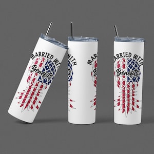 May include: Three white stainless steel tumblers with a pineapple design and the text "Married with Benefits" in black. The pineapple is made up of the American flag.