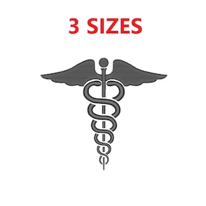 Può includere: Un simbolo nero del Caduceo, un bastone con due serpenti e ali, su sfondo bianco. Il testo "3 SIZES" è in rosso sopra il simbolo. Questo emblema medico è spesso usato per rappresentare l'assistenza sanitaria e la medicina.