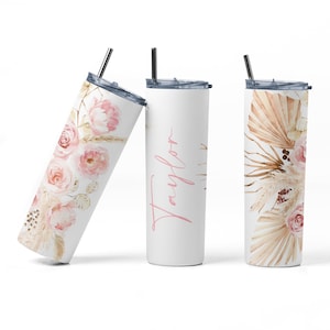 Gobelet personnalisé 20 oz à sublimation florale rose/pêche, gobelet de demoiselle d&#39;honneur, tasse isotherme, gobelet floral