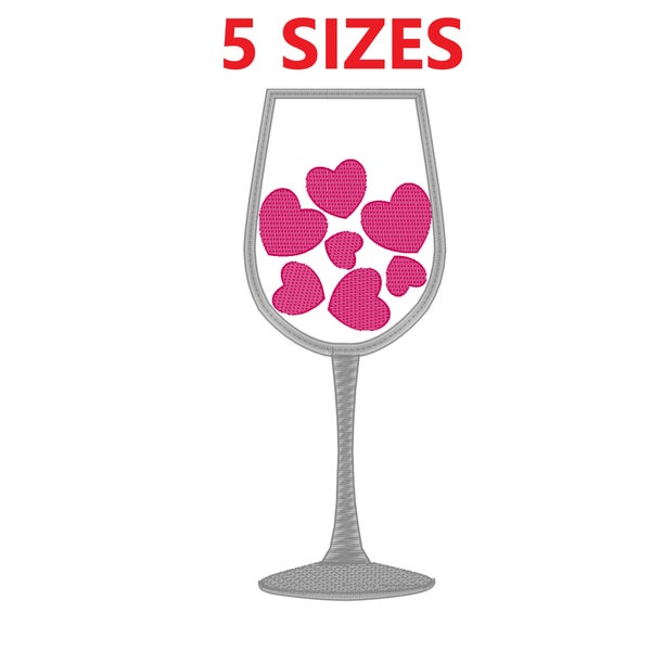 Wine Glass Embroidery Design File, wine, love, hearts