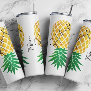 May include: Four white stainless steel tumblers with a yellow pineapple design and the words "Hot Wife" in black script. Each tumbler has a silver lid, a black straw, and the name "Tiffani" in black script.