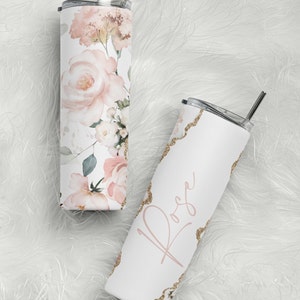 Personalized Light Pink Rose Floral Sublimation Skinny 20 oz Insulated Tumbler, Bridesmaid, Mother's Day or Wedding gift.