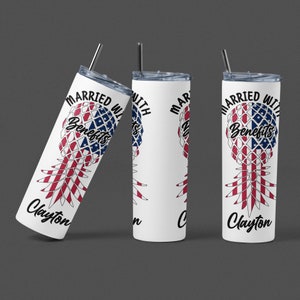 May include: Three white stainless steel tumblers with a red, white, and blue pineapple design and the text "Married with Benefits" and a name.