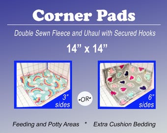 May include: Corner Pads with double sewn fleece and Uhaul material, featuring secured hooks. The pads measure 14 inches by 14 inches. Two options are shown: one with 3-inch sides featuring a rainbow pattern, and one with 6-inch sides featuring hearts.
