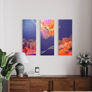 Original Abstract Triptych Painting: Blue, Orange, Pink, Gold Acrylic Canvas