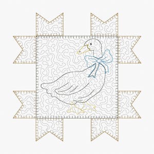 May include: A quilted square featuring a duck with a blue bow, surrounded by gold and white star-shaped accents. The duck is outlined in black with a yellow beak and feet. The background has a swirling pattern.