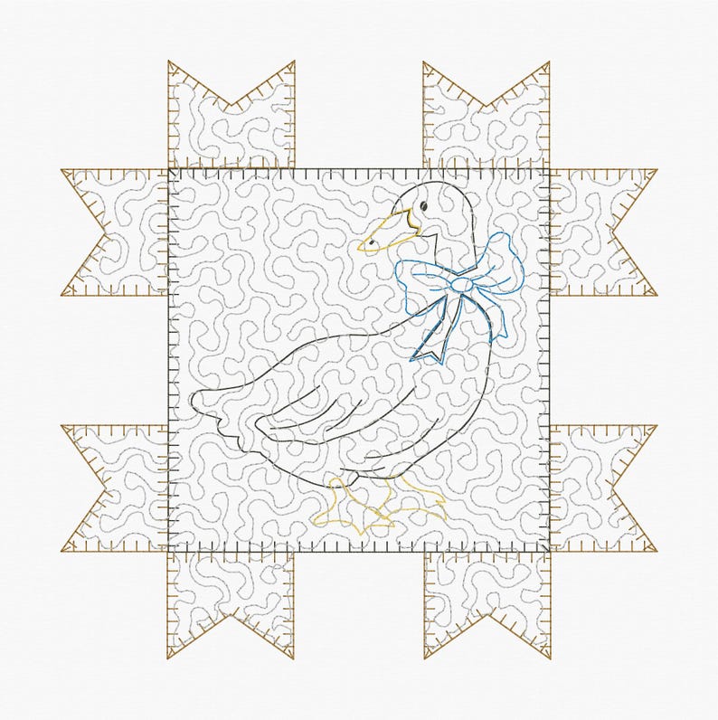 May include: A quilted square featuring a duck with a blue bow, surrounded by gold and white star-shaped accents. The duck is outlined in black with a yellow beak and feet. The background has a swirling pattern.