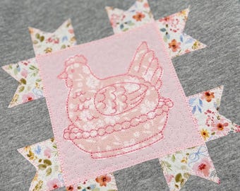 Vintage Chicken Dish Quilt Square Blanket Stitch Machine Embroidery Design
