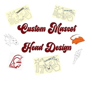 Peut inclure: Une collection de designs graphiques avec le texte Custom Mascot Head Design en écriture rouge foncé. On y trouve des illustrations d'un dragon, d'une raie, d'une torche, d'un casque spartiate et trois écussons rectangulaires avec des fanions.
