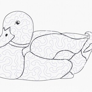 K&ouml;nnte beinhalten: Eine Strichzeichnung einer Ente in Ruheposition. Der K&ouml;rper der Ente ist schwarz umrandet, mit einem detaillierten Muster aus wirbelnden Linien, die den K&ouml;rper ausf&uuml;llen. Der Hintergrund ist schlicht wei&szlig;.