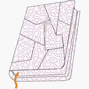 May include: An illustrated book with a pink squiggly pattern on the cover and pages. A silver cross is on the cover. An orange bookmark is visible. The book's cover is divided into geometric shapes.