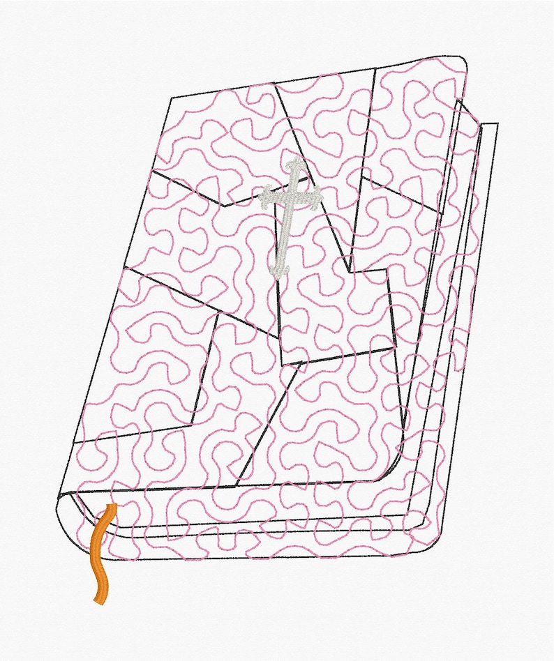 May include: An illustrated book with a pink squiggly pattern on the cover and pages. A silver cross is on the cover. An orange bookmark is visible. The book's cover is divided into geometric shapes.