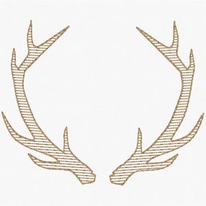 May include: A symmetrical design featuring two stylized deer antlers in a light brown color. The antlers are composed of parallel lines, creating a textured effect against a white background. The design is simple and elegant.