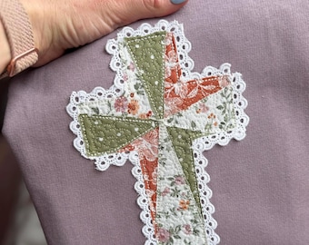 Patchwork Appliqué Quilted Cross with Lace Stitch for Machine Embroidery