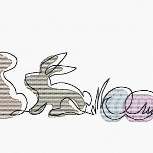 Puede incluir: Diseño bordado con dos conejos y tres huevos de Pascua. Los conejos están en un estilo de línea, uno sentado y el otro de pie. Los huevos son de colores pastel, con un toque de hierba.