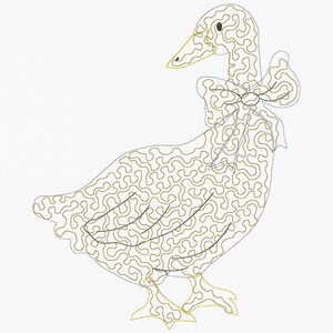 May include: An embroidered design of a goose with a bow. The goose is cream-colored with a gold-colored outline and a bow around its neck. The design is on a white background. The goose is facing left.