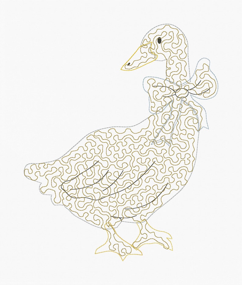 May include: An embroidered design of a goose with a bow. The goose is cream-colored with a gold-colored outline and a bow around its neck. The design is on a white background. The goose is facing left.