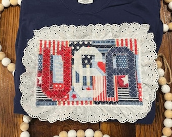 Quilted USA Appliqué Design with Lace Steps for Machine Embroidery Design