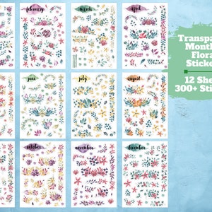 Transparent Monthly Flower Stickers - 12 Clear Floral Sticker Sheets with Beautiful Vintage Watercolor Botanicals & Calendar Sticker Months.