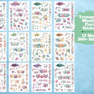 Stickers floraux mensuels transparents - 12 feuilles d'autocollants floraux transparents avec de beaux aquarelles vintage et des mois d'autocollants calendrier.