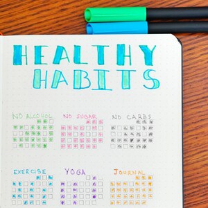 Peut inclure: Une page de journal blanche avec les mots "HEALTHY HABITS" &eacute;crits en bleu et vert. La page est divis&eacute;e en six sections : "NO ALCOHOL", "NO SUGAR", "NO CARBS", "EXERCISE", "YOGA" et "JOURNAL". Chaque section contient une grille de cases pour suivre les habitudes quotidiennes.