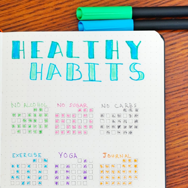 Peut inclure: Une page de journal blanche avec les mots "HEALTHY HABITS" &eacute;crits en bleu et vert. La page est divis&eacute;e en six sections : "NO ALCOHOL", "NO SUGAR", "NO CARBS", "EXERCISE", "YOGA" et "JOURNAL". Chaque section contient une grille de cases pour suivre les habitudes quotidiennes.