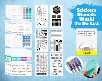 Ultimate Productivity Journal Supplies Kit - 31 Piece Set - Autocollants, Pochoirs, Bandes de Washi, Notes collantes - pour les journaux et les planificateurs