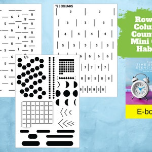 Puede incluir: Un conjunto de plantillas en blanco y negro para bullet journal. Las plantillas incluyen una variedad de formas, incluyendo hexágonos, cuadrados, círculos y flechas. Las plantillas están etiquetadas como "The Time Saver Stencil Set" y "E-book".