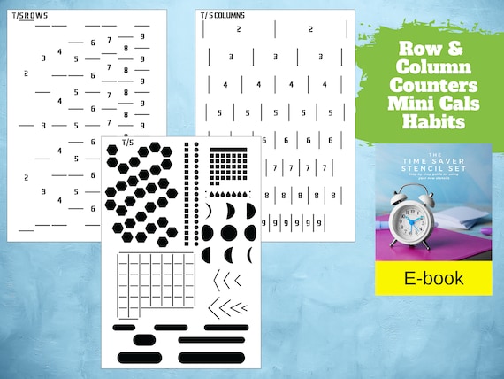 Time Saver Journal Stencil Set (3 Stencils) - Row / Column Counters, Mini Calendars, Habit Trackers, Banners, List Makers, Moon Phases