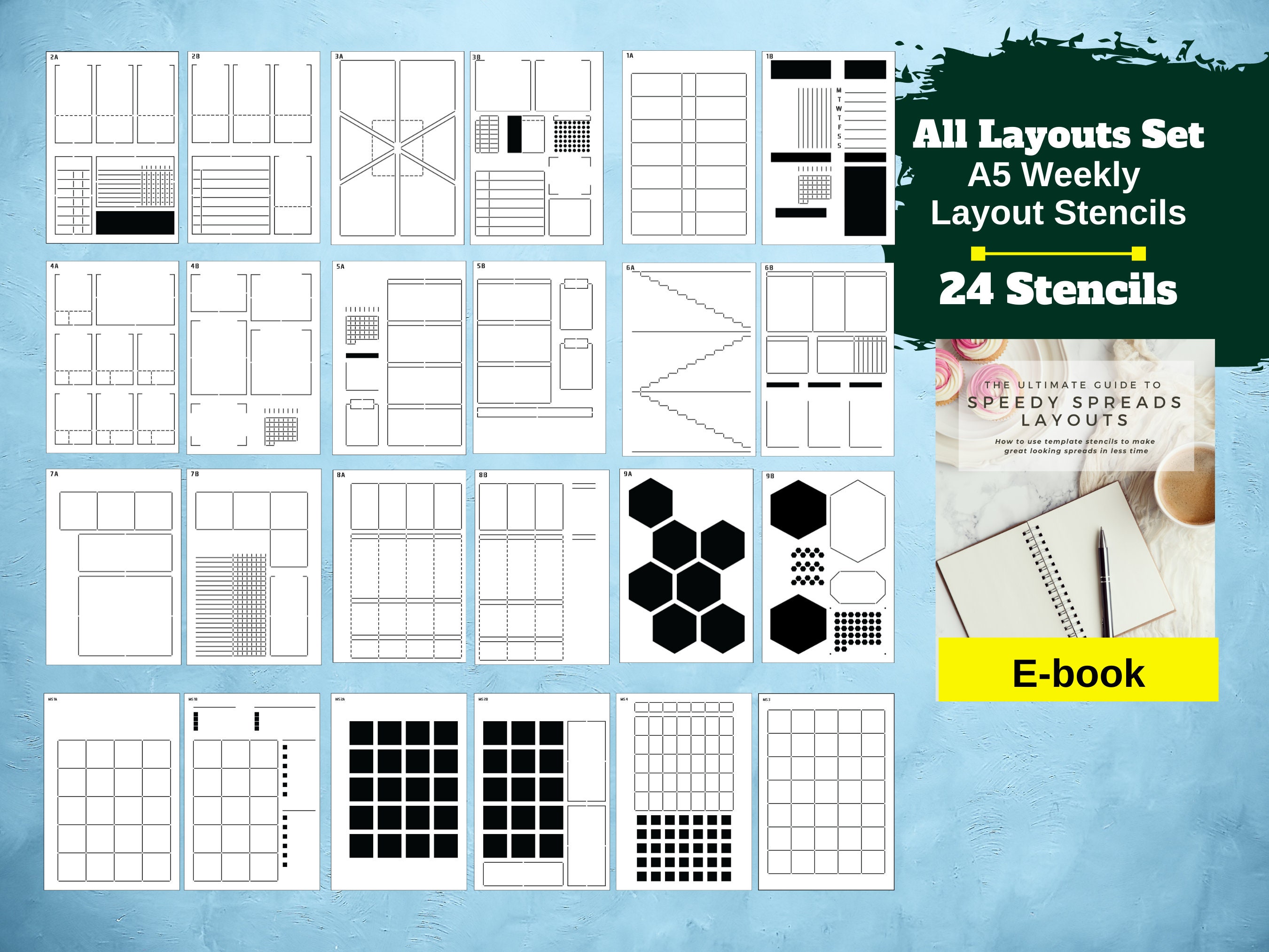 Speedy Spreads Journal Stencils (Daily Layouts) - x7 Day Planner Stencils  for A5 Bullet Journal Dot Grid Notebooks, Save Time on Layouts, DIY Planner