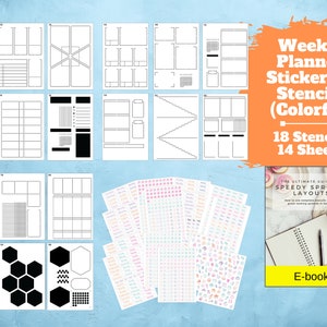 Può includere: Un set di 18 stencil colorati e 14 fogli di adesivi per planner settimanali. Gli stencil sono in bianco e nero e gli adesivi sono colorati. Il set include anche un e-book intitolato "La guida definitiva ai layout di diffusione rapida".