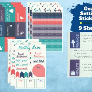 Goal Setting Planner Sticker Set (9 Sheets) - Goal Setting, Planning and Review / Tracking Journal Stickers for Journals and Planners