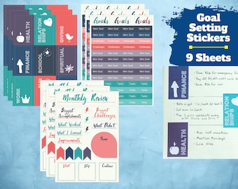 Goal Setting Planner Sticker Set (9 Sheets) - Goal Setting, Planning and Review / Tracking Journal Stickers for Journals and Planners