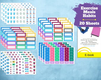 May include: A collection of colorful planner stickers and an e-book titled "The Ultimate Guide to Health & Fitness in Your Bullet Journal." The stickers are designed for tracking exercise, meals, and habits, with 20 sheets in total.