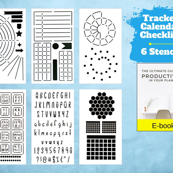Ensemble de pochoirs de productivité ultime - x6 pochoirs personnalisés pour les journaux de grille de points / planificateurs, modèles, calendriers, listes de tâches, suivis d'habitudes