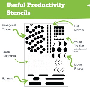 Peut inclure: Une feuille imprimable de pochoirs de productivit&eacute; en noir et blanc. Les pochoirs comprennent un suivi hexagonal, de petits calendriers, des banni&egrave;res, des phases lunaires, des cr&eacute;ateurs de listes et un suivi de l'eau avec des points d'alignement.